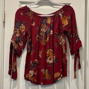 Kaii Burgundy Floral Off-Shoulder Tie-Sleeve Blouse